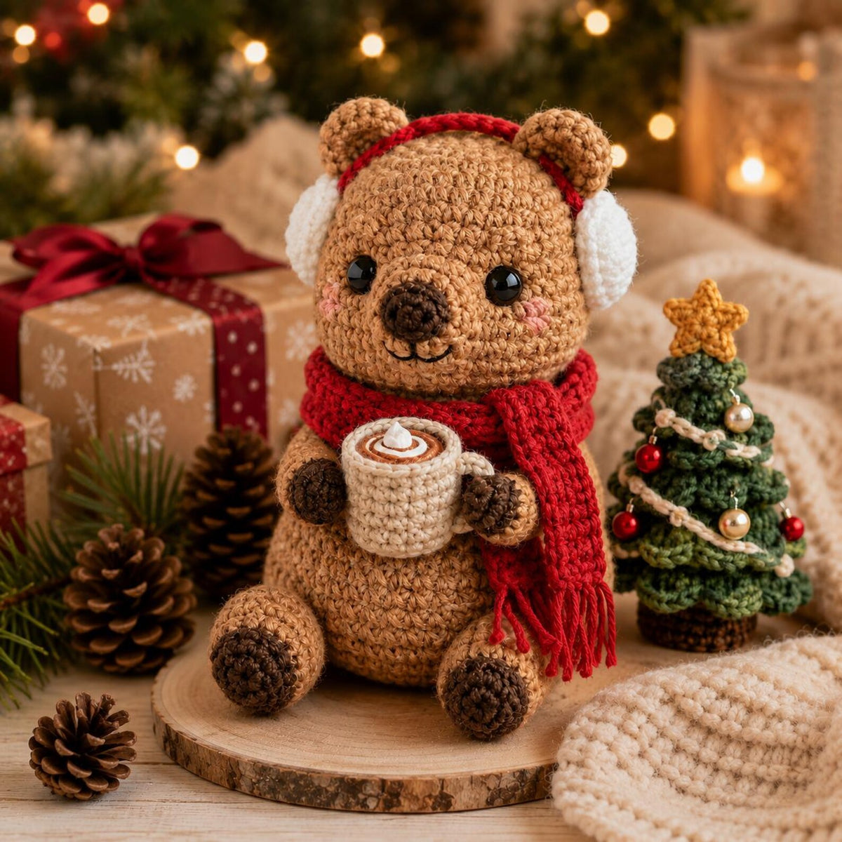 Crochet Christmas Quokka with Hot Cocoa & Earmuffs, Amigurumi Winter Bear, Handmade Holiday Decor, Cute Desk Pet, Christmas Gift Set