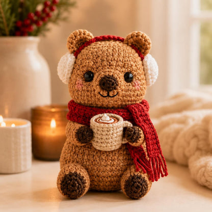 Crochet Christmas Quokka with Hot Cocoa & Earmuffs, Amigurumi Winter Bear, Handmade Holiday Decor, Cute Desk Pet, Christmas Gift Set