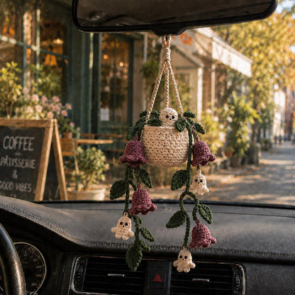 Halloween Crochet Plant Car Hanging, Handmade Ghostbell Flower Basket Car Charm, Spooky Car Decor, Plant Lover Gift