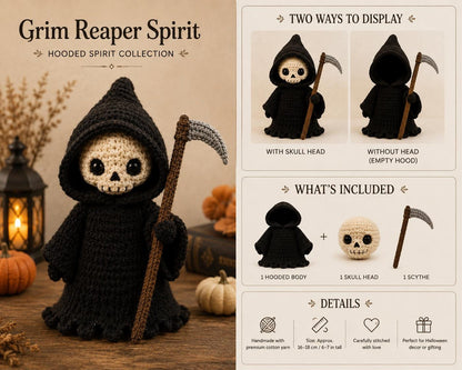 Grim Reaper Crochet Doll with Removable Skull or Pumpkin Head, Hooded Halloween Amigurumi, Gothic Spooky Decor