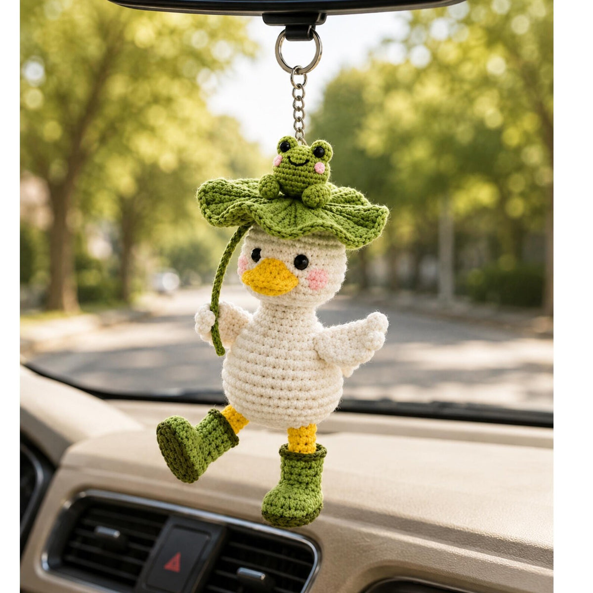 Crochet Duck Keychain, Frog on Lotus Leaf Duck Charm, Cute Amigurumi Bag Charm, Car Hanging Ornament, Backpack Charm, Frog Lover Gift