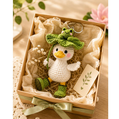 Crochet Duck Keychain, Frog on Lotus Leaf Duck Charm, Cute Amigurumi Bag Charm, Car Hanging Ornament, Backpack Charm, Frog Lover Gift