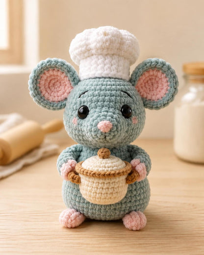 Crochet Chef Mouse, Handmade Amigurumi Mouse, Cute Kitchen Decor, Bakery Gift, Little Chef Doll, Mouse Lover Gift, Crochet Food Plush