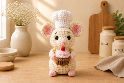 Crochet Chef Mouse, Handmade Amigurumi Mouse, Cute Kitchen Decor, Bakery Gift, Little Chef Doll, Mouse Lover Gift, Crochet Food Plush