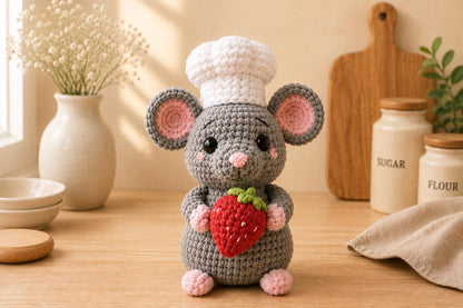 Crochet Chef Mouse, Handmade Amigurumi Mouse, Cute Kitchen Decor, Bakery Gift, Little Chef Doll, Mouse Lover Gift, Crochet Food Plush