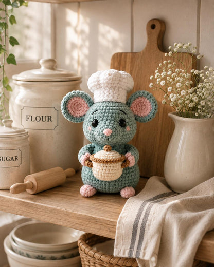 Crochet Chef Mouse, Handmade Amigurumi Mouse, Cute Kitchen Decor, Bakery Gift, Little Chef Doll, Mouse Lover Gift, Crochet Food Plush