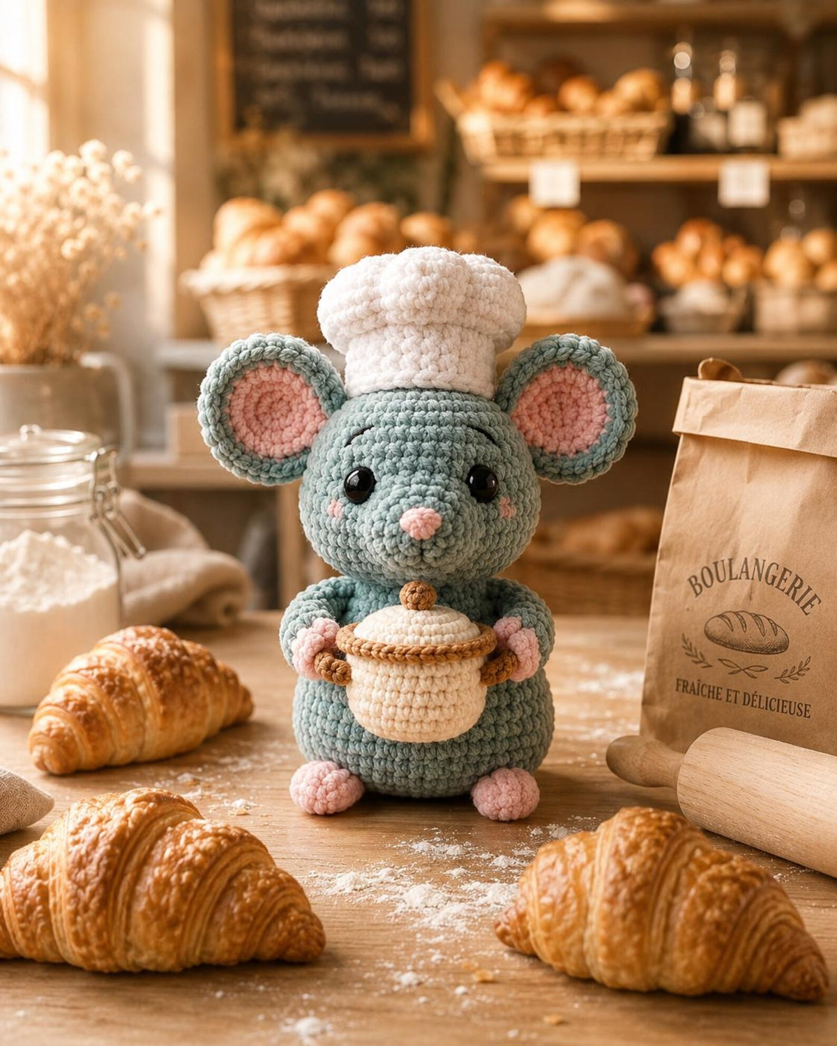 Crochet Chef Mouse, Handmade Amigurumi Mouse, Cute Kitchen Decor, Bakery Gift, Little Chef Doll, Mouse Lover Gift, Crochet Food Plush