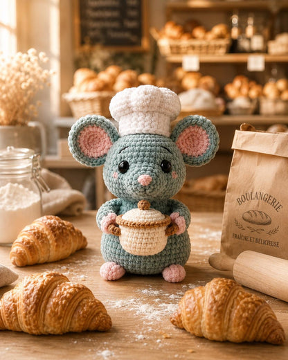 Crochet Chef Mouse, Handmade Amigurumi Mouse, Cute Kitchen Decor, Bakery Gift, Little Chef Doll, Mouse Lover Gift, Crochet Food Plush