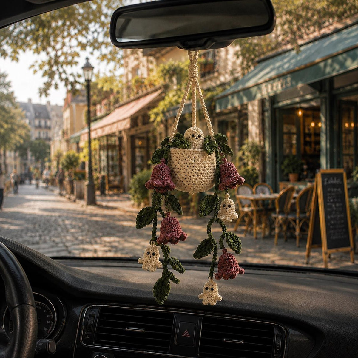 Halloween Crochet Plant Car Hanging, Handmade Ghostbell Flower Basket Car Charm, Spooky Car Decor, Plant Lover Gift