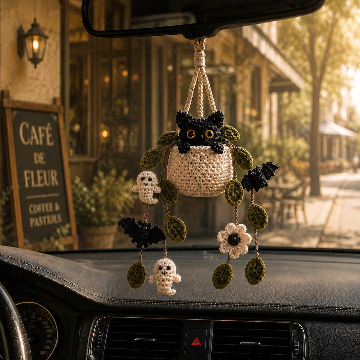 Crochet Halloween Plant Car Hanging, Handmade Black Cat Ghost & Bat Car Charm, Cute Car Decor, Spooky Car Accessory, Plant Lover Gift