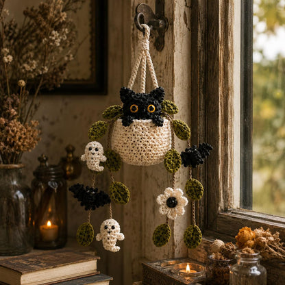 Crochet Halloween Plant Car Hanging, Handmade Black Cat Ghost & Bat Car Charm, Cute Car Decor, Spooky Car Accessory, Plant Lover Gift