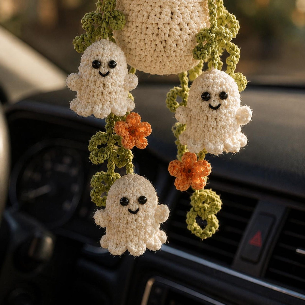 Halloween Crochet Ghost Car Hanging Plant, Cute Car Charm, Handmade Spooky Basket Decor, Halloween Car Accessory Gift