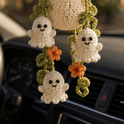 Halloween Crochet Ghost Car Hanging Plant, Cute Car Charm, Handmade Spooky Basket Decor, Halloween Car Accessory Gift