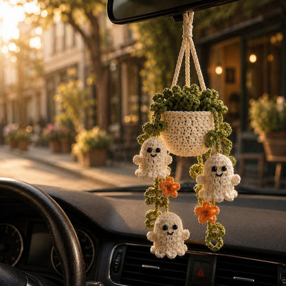 Halloween Crochet Ghost Car Hanging Plant, Cute Car Charm, Handmade Spooky Basket Decor, Halloween Car Accessory Gift