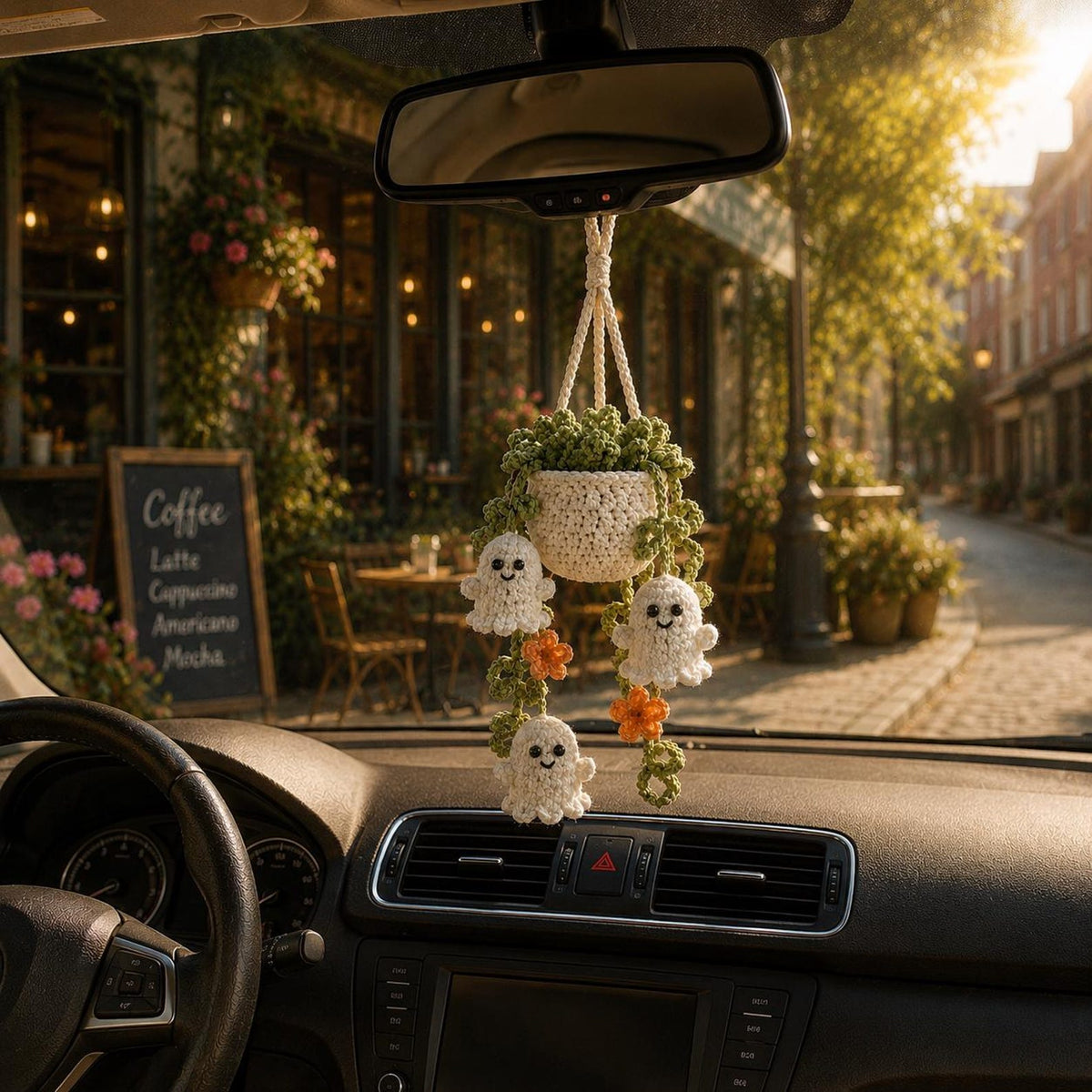 Halloween Crochet Ghost Car Hanging Plant, Cute Car Charm, Handmade Spooky Basket Decor, Halloween Car Accessory Gift