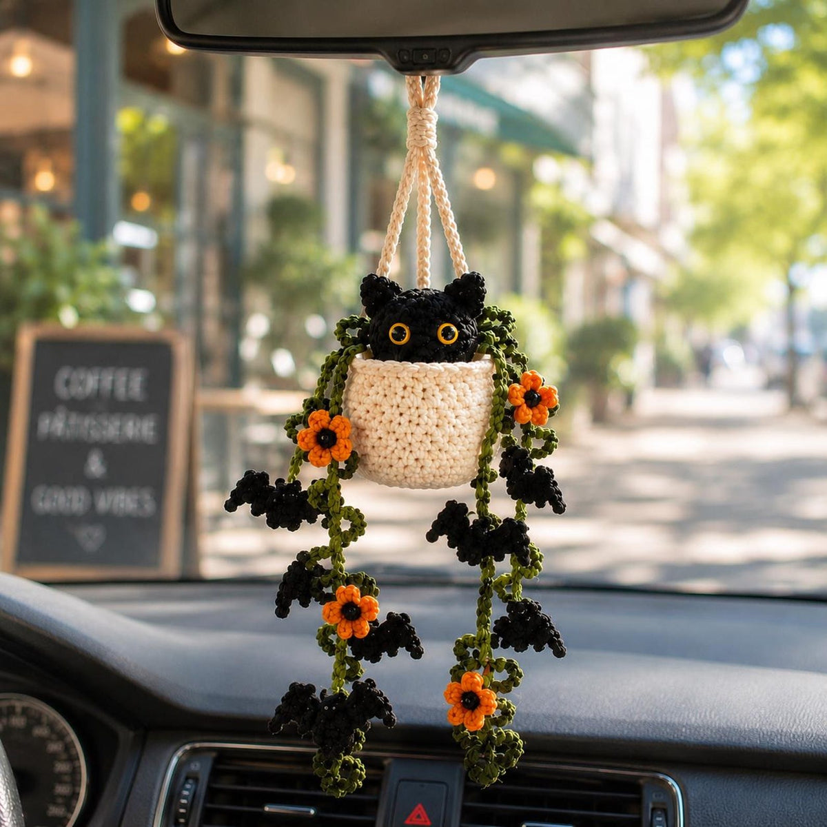 Crochet Halloween Black Cat Plant Car Hanging, Bat Vine Car Charm, Spooky Cute Halloween Car Decor, Handmade Plant Lover Gift