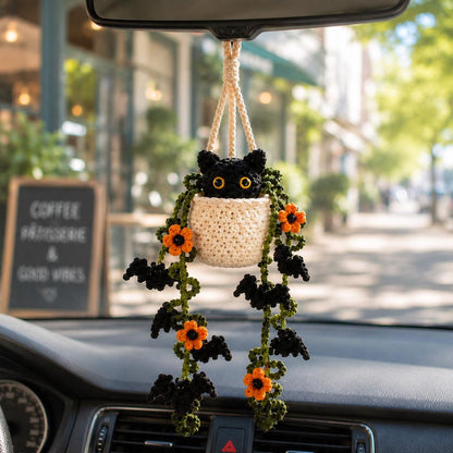 Crochet Halloween Black Cat Plant Car Hanging, Bat Vine Car Charm, Spooky Cute Halloween Car Decor, Handmade Plant Lover Gift