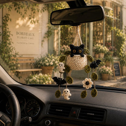 Crochet Halloween Plant Car Hanging, Handmade Black Cat Ghost & Bat Car Charm, Cute Car Decor, Spooky Car Accessory, Plant Lover Gift