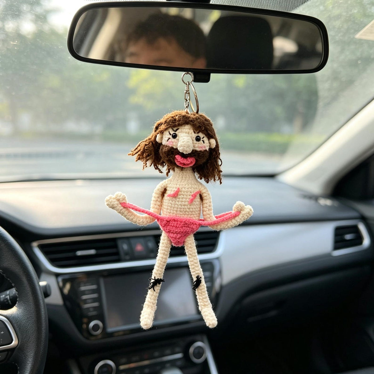 Handmade Crochet Funny Doll Car Rearview Mirror Hanging Quirky Interior Accessory Unique Novelty Ornament Playful Surprise Present