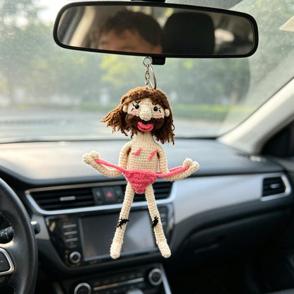Handmade Crochet Funny Doll Car Rearview Mirror Hanging Quirky Interior Accessory Unique Novelty Ornament Playful Surprise Present