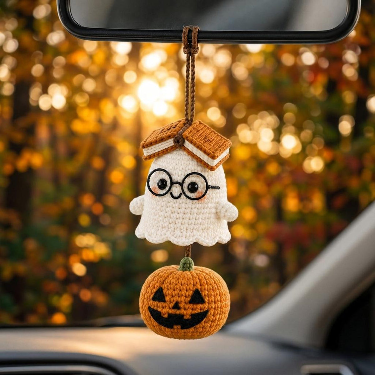 Crochet Halloween Car Charm, Ghost Pumpkin Rearview Mirror Hanger, Cute Spooky Car Decor, Fall Amigurumi Hanging Ornament, Halloween Gift