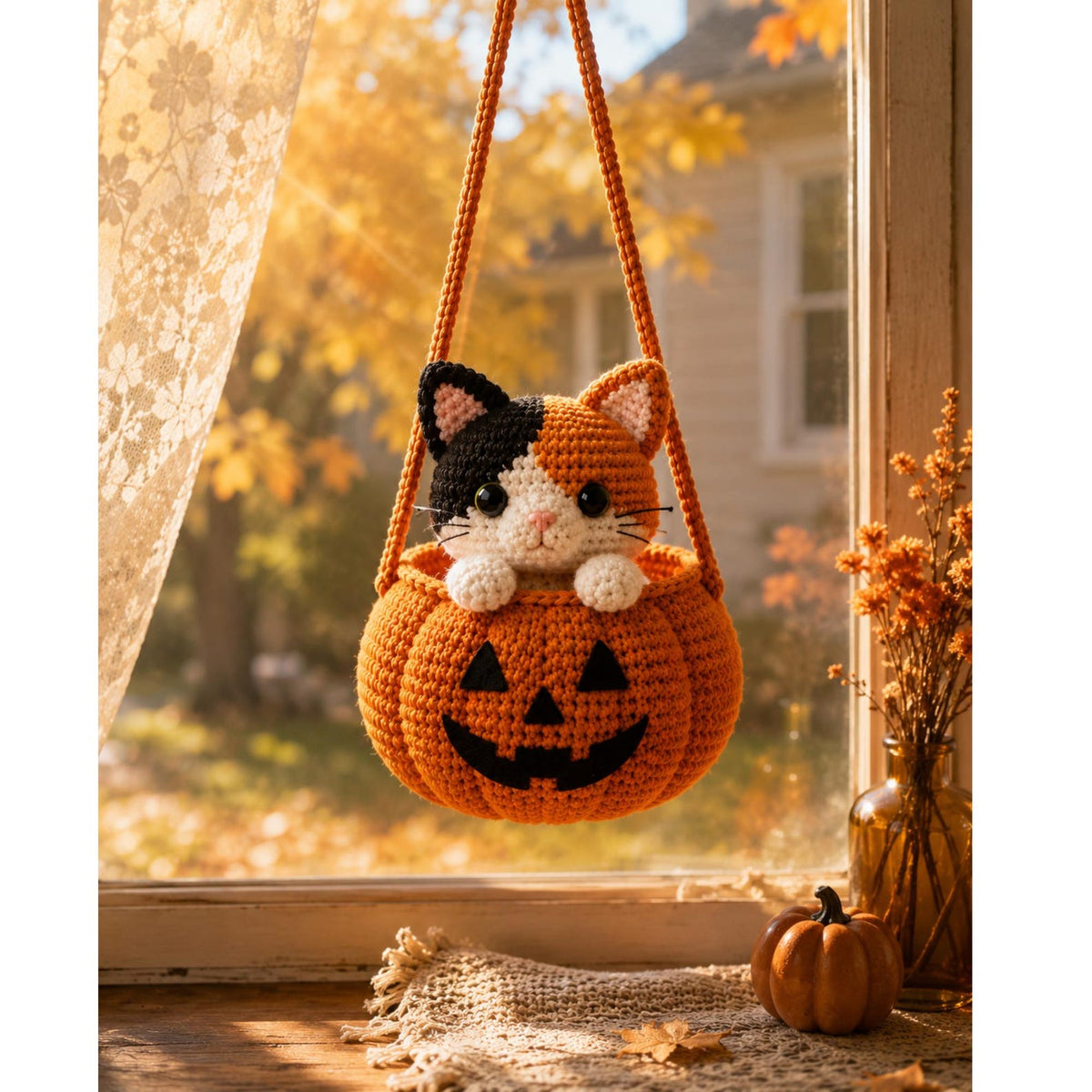 Pumpkin & Black Cat Rearview Mirror Charm,Halloween Crochet Car Hanging, Cute Spooky Car Decor, Handmade Halloween Ornament