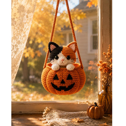 Pumpkin & Black Cat Rearview Mirror Charm,Halloween Crochet Car Hanging, Cute Spooky Car Decor, Handmade Halloween Ornament
