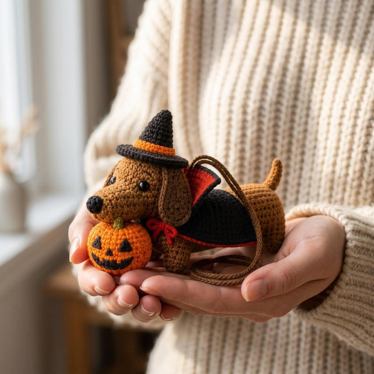 Crochet Dachshund Car Charm, Halloween Wiener Dog Rearview Mirror Hanger, Dracula Dog Pumpkin Ornament, Spooky Car Decor, Dog Lover Gift