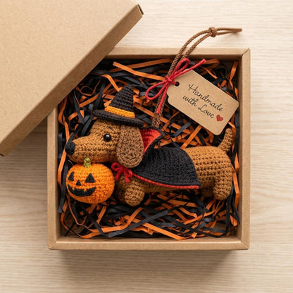 Crochet Dachshund Car Charm, Halloween Wiener Dog Rearview Mirror Hanger, Dracula Dog Pumpkin Ornament, Spooky Car Decor, Dog Lover Gift