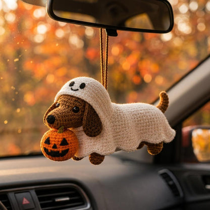 Crochet Dachshund Car Charm, Halloween Ghost Wiener Dog Rearview Mirror Hanger, Pumpkin Dog Ornament, Spooky Car Decor, Dog Lover Gift