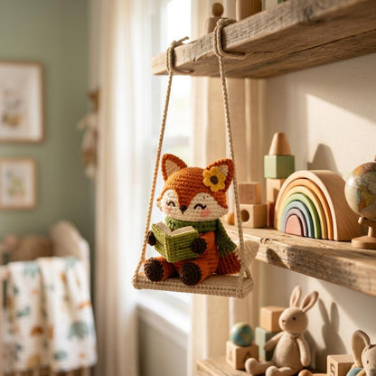 Crochet Fox Car Charm, Reading Fox Rearview Mirror Hanger, Book Lover Car Accessory, Cute Woodland Animal Car Decor, Crochet Swing Ornament