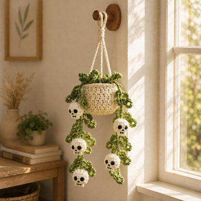 Halloween Crochet Car Hanging Plant, Skull Car Charm Hanging, Spooky Car Decor, Handmade Plant Car Accessories Gift