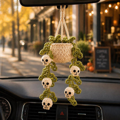 Halloween Crochet Car Hanging Plant, Skull Car Charm Hanging, Spooky Car Decor, Handmade Plant Car Accessories Gift