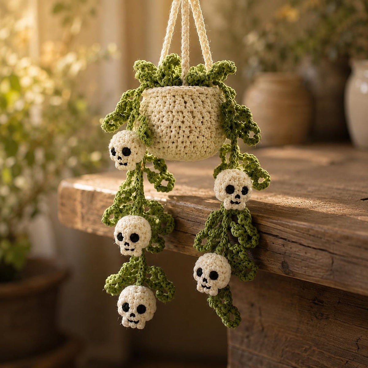 Halloween Crochet Car Hanging Plant, Skull Car Charm Hanging, Spooky Car Decor, Handmade Plant Car Accessories Gift