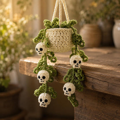 Halloween Crochet Car Hanging Plant, Skull Car Charm Hanging, Spooky Car Decor, Handmade Plant Car Accessories Gift