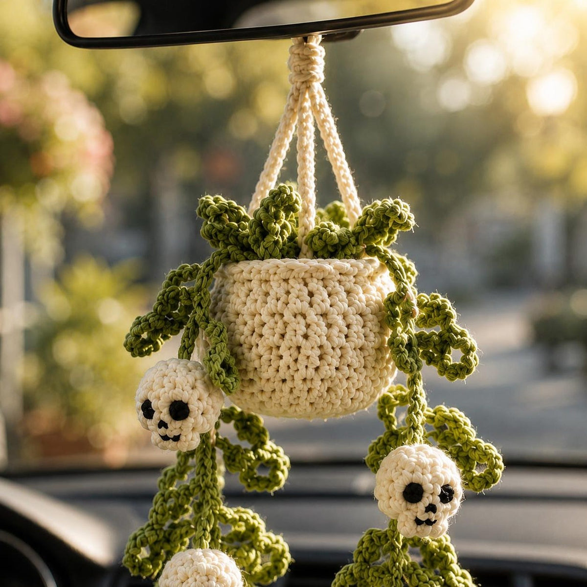 Halloween Crochet Car Hanging Plant, Skull Car Charm Hanging, Spooky Car Decor, Handmade Plant Car Accessories Gift