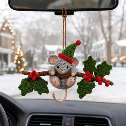 Christmas Crochet Mouse Car Charm, Cute Holiday Rearview Mirror Hanger, Holly Mouse Ornament, Christmas Car Decor, Mouse Lover Gift