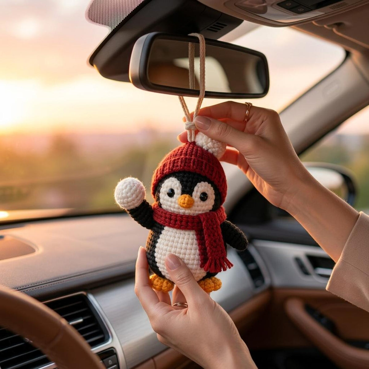 Crochet Penguin Car Charm, Christmas Rearview Mirror Hanging Ornament, Cute Penguin Car Accessory, Winter Crochet Gift