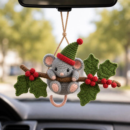 Christmas Crochet Mouse Car Charm, Cute Holiday Rearview Mirror Hanger, Holly Mouse Ornament, Christmas Car Decor, Mouse Lover Gift