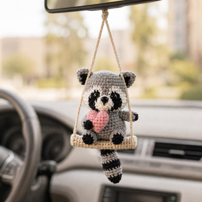 Crochet Raccoon Car Hanger, Heart Rearview Mirror Charm, Cute Amigurumi Auto Decor, Valentine Gift for Her, Friend Gift, Cute Christmas Gift