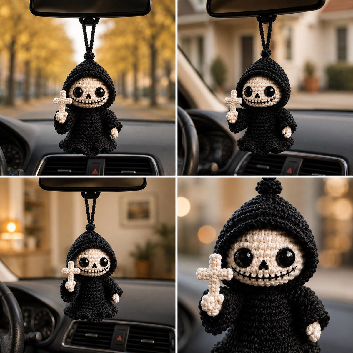 Crochet Halloween Skeleton Car Hanger, Grim Reaper Rearview Mirror Charm, Spooky Auto Decor, Handmade Fall Gift for Driver, Friend Gift