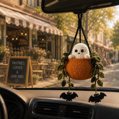 Boo in a Pumpkin Crochet Car Hanging, Ghost & Bat Halloween Plant Car Charm, Cute Car Accessory, Plant Lover Gift