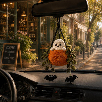 Boo in a Pumpkin Crochet Car Hanging, Ghost & Bat Halloween Plant Car Charm, Cute Car Accessory, Plant Lover Gift