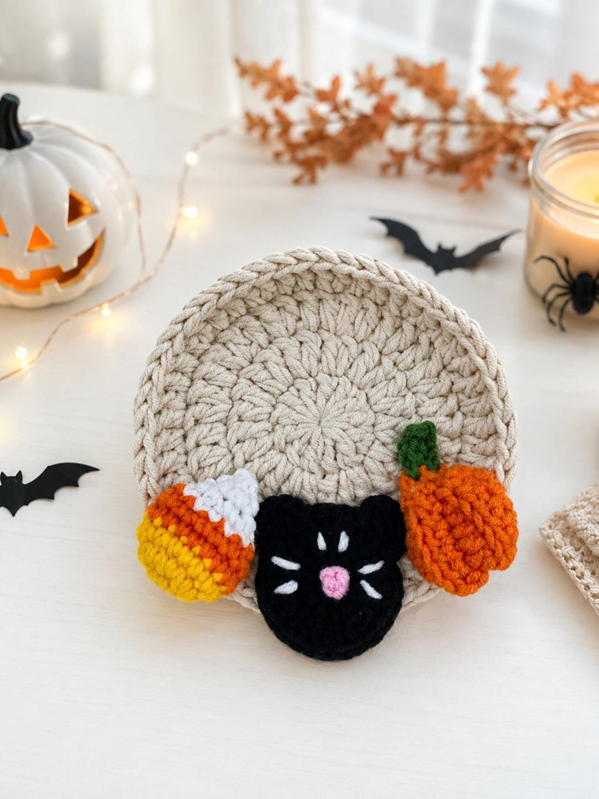 Handmade Crochet Halloween Coasters,Pumpkin Ghost Cat Spider Bat Eyeball Mug Rugs,SpookyHalloween Table Decor,Cute Spooky Cotton MugRugs