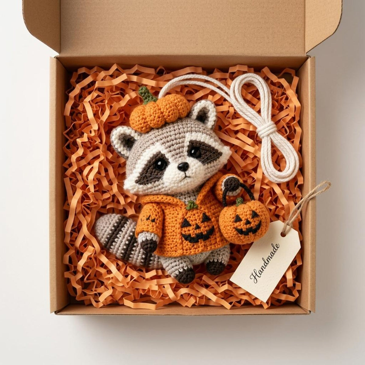 Halloween Crochet Car Charm, Cute Raccoon Hanging Ornament, Pumpkin Amigurumi Car Accessory, Fall Rearview Mirror Decor, Autumn Gift