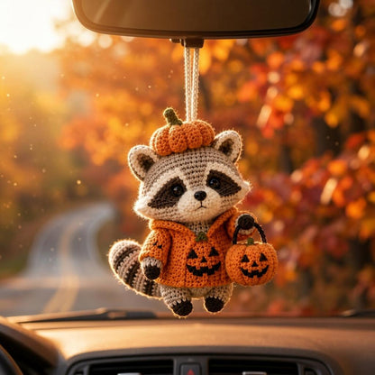 Halloween Crochet Car Charm, Cute Raccoon Hanging Ornament, Pumpkin Amigurumi Car Accessory, Fall Rearview Mirror Decor, Autumn Gift