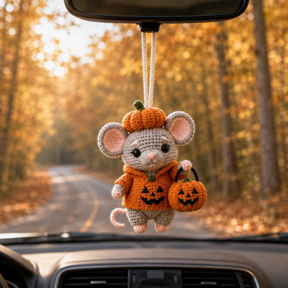Halloween Crochet Mouse Charm, Pumpkin Mouse Hanging Ornament, Cute Amigurumi Car Accessory, Fall Rearview Mirror Decor, Autumn Gift