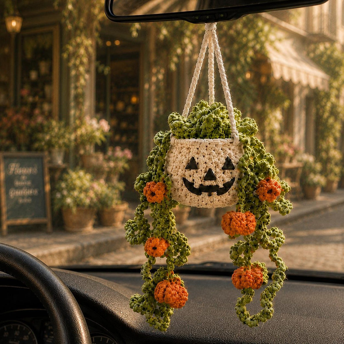 Halloween Crochet Car Hanging Plant, Pumpkin Rear View Mirror Charm, Essential Oil Diffuser Hanging, Plant Lover Gift