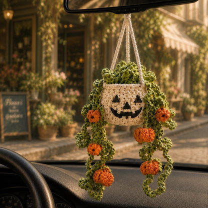 Halloween Crochet Car Hanging Plant, Pumpkin Rear View Mirror Charm, Essential Oil Diffuser Hanging, Plant Lover Gift