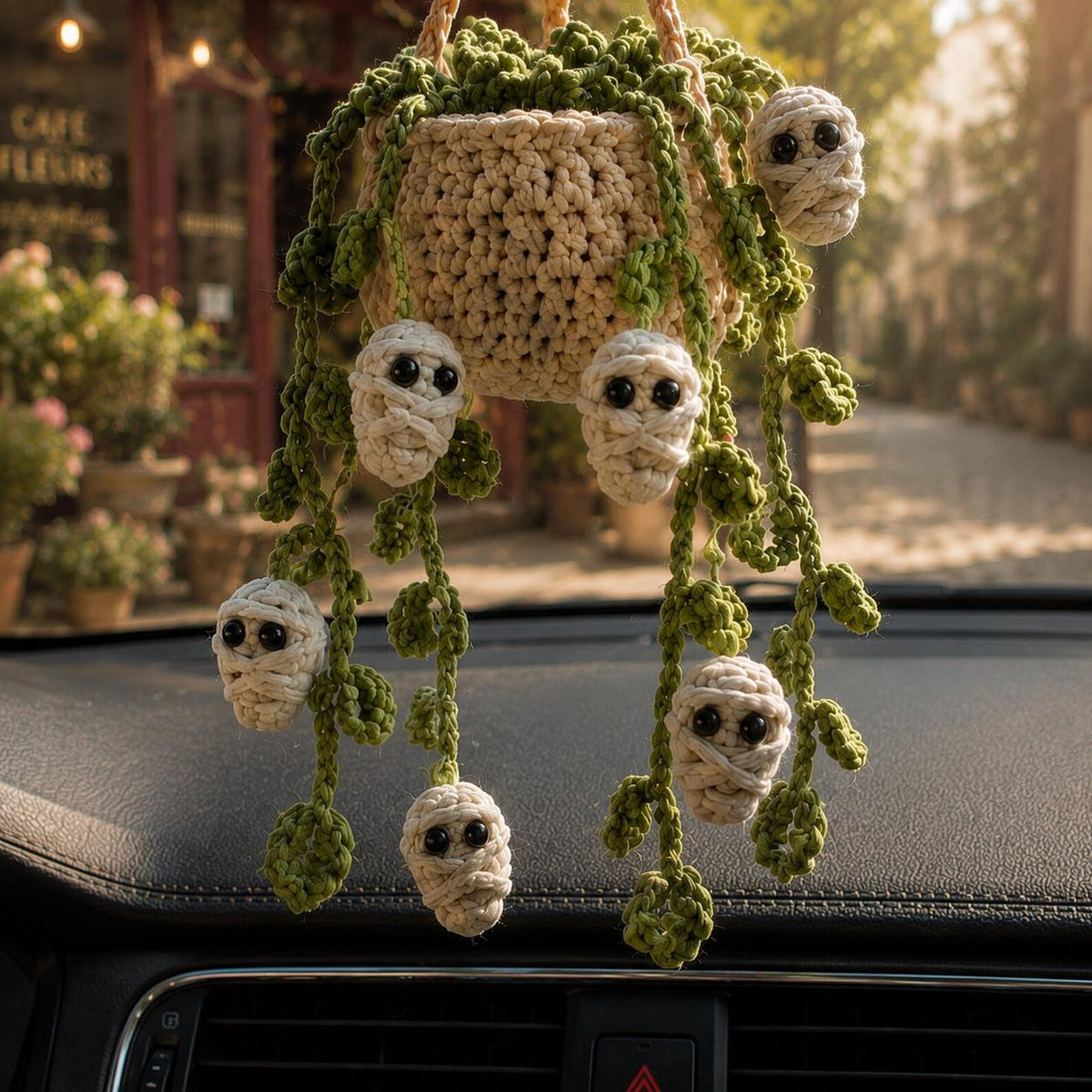 Crochet Halloween Car Plant Hanger, Handmade Mummy Plant Pot Car Charm, Spooky Cute Car Decor, Unique Car Accessory, Plant Lover Gift